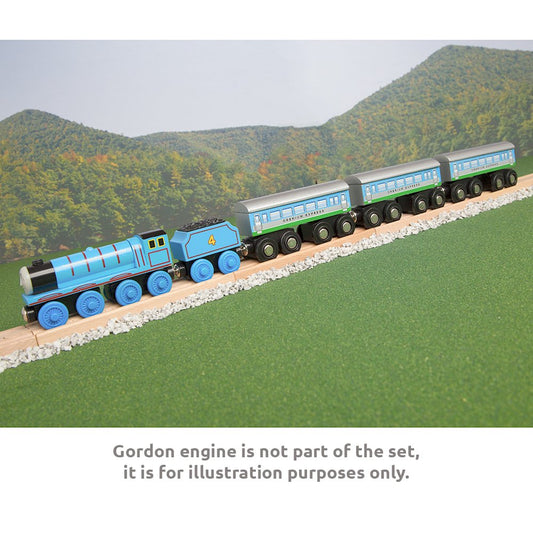 Large wooden express coach close-up shows robust magnets for easy magnet-to-magnet connections, great with compatible brands.