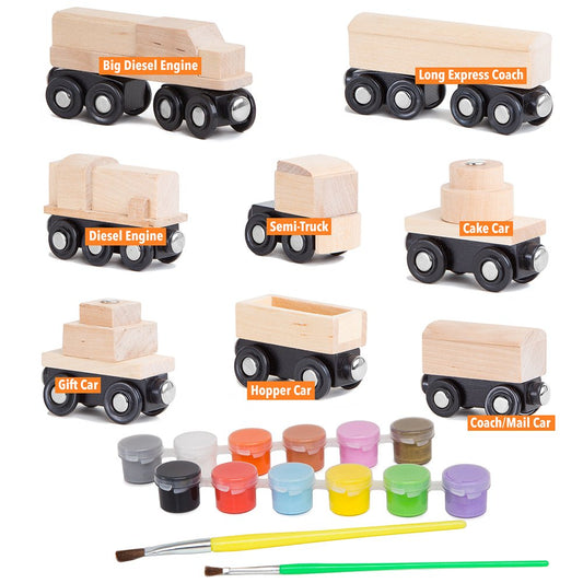 Orbrium unpainted wooden train cars ready for painting and personalization.