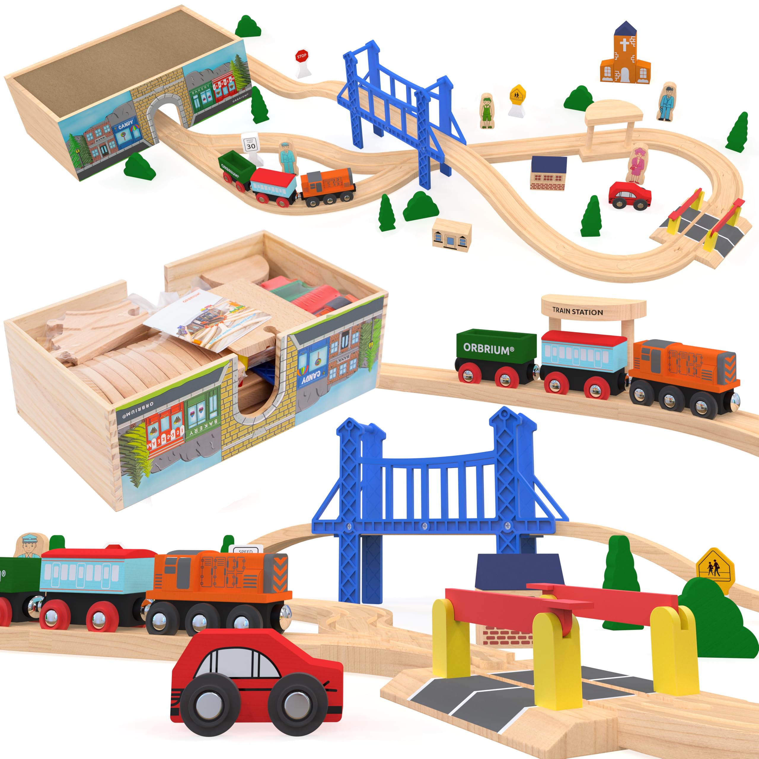 Orbrium Wooden Train Set Deluxe engine on track for imaginative play.