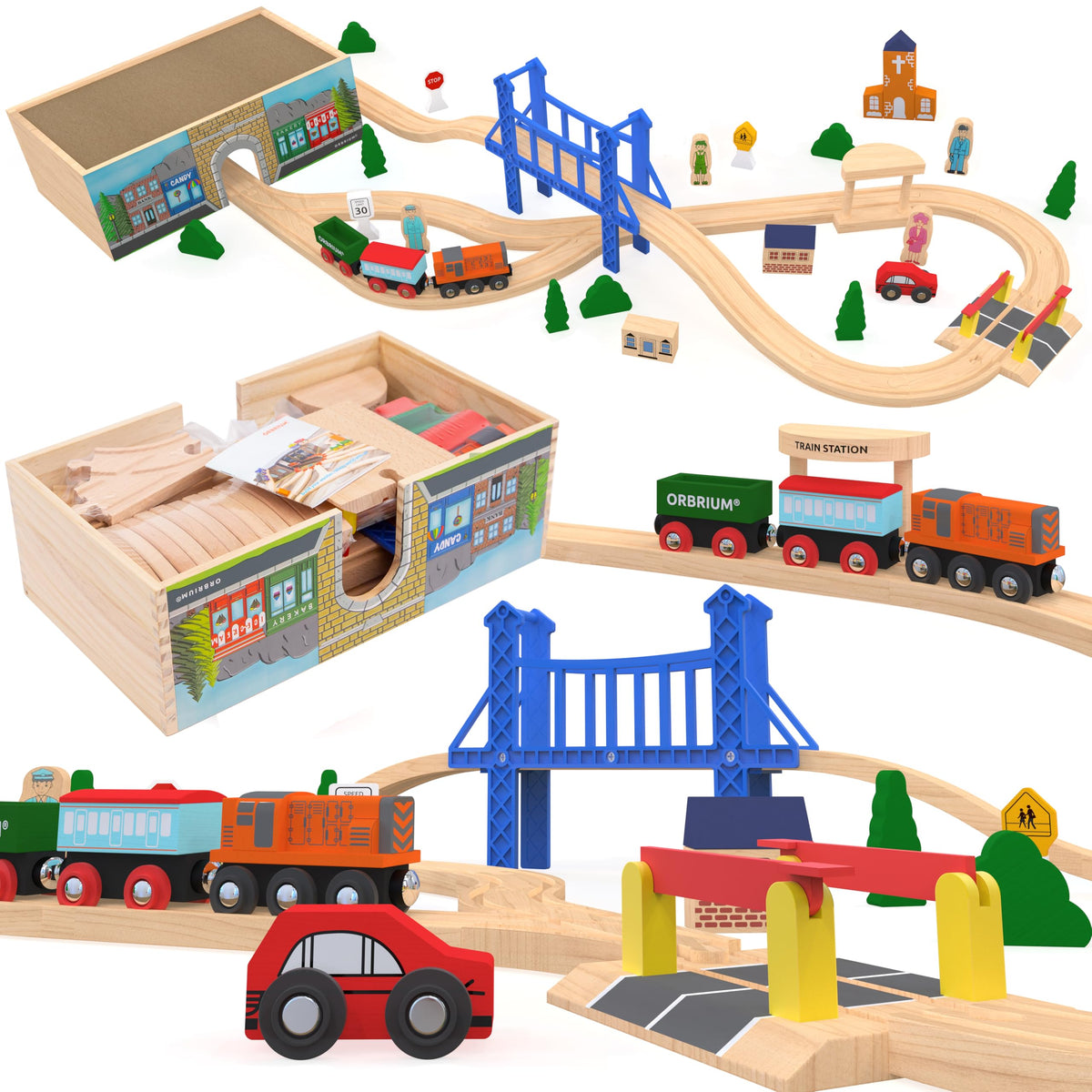 Orbrium Wooden Train Set Deluxe engine on track for imaginative play.