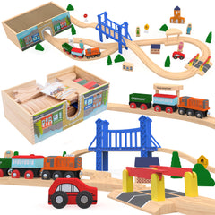 Orbrium Wooden Train Set Deluxe engine on track for imaginative play.
