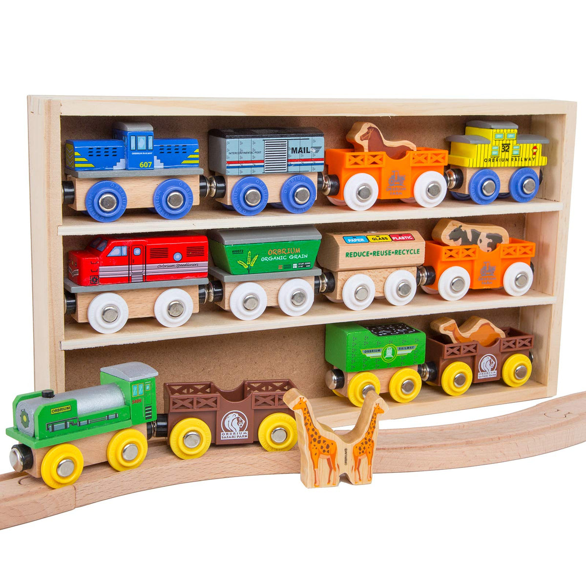 Orbrium wooden train set display frame for organized play.