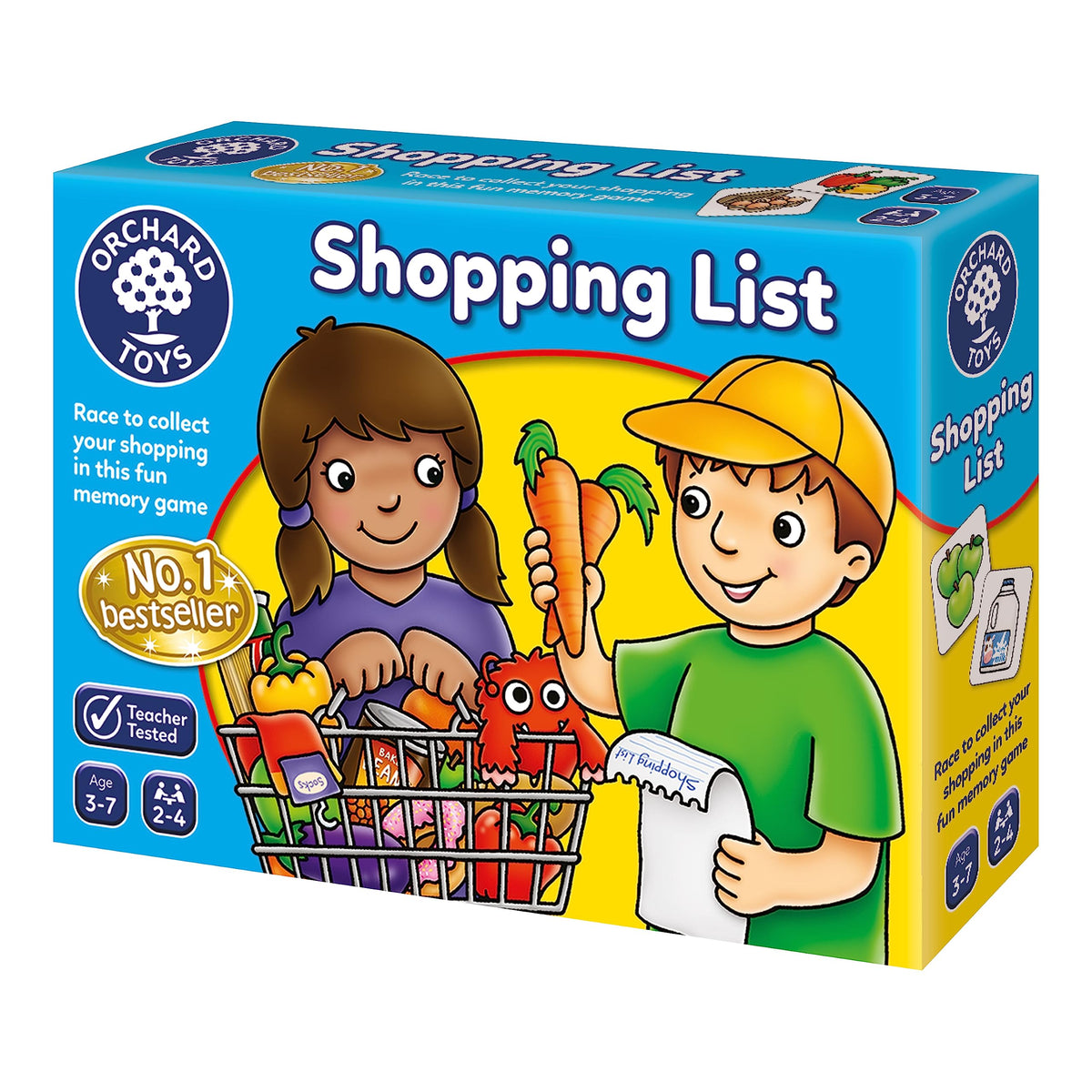 Orchard Toys Shopping List box showcases colorful groceries for engaging home learning.