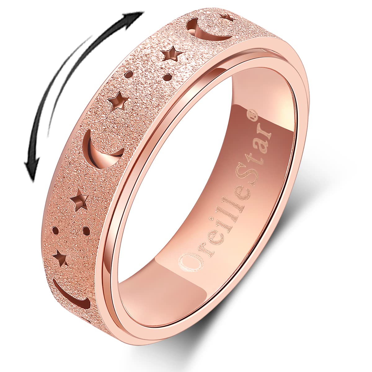 OreilleStar moon-star anxiety ring in rose gold, close-up of spinner for focus and calm