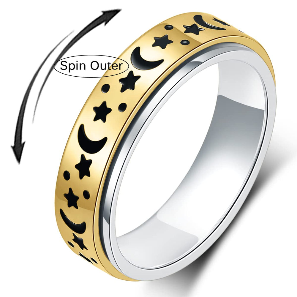 OreilleStar silver moon star spinner ring shown with size range