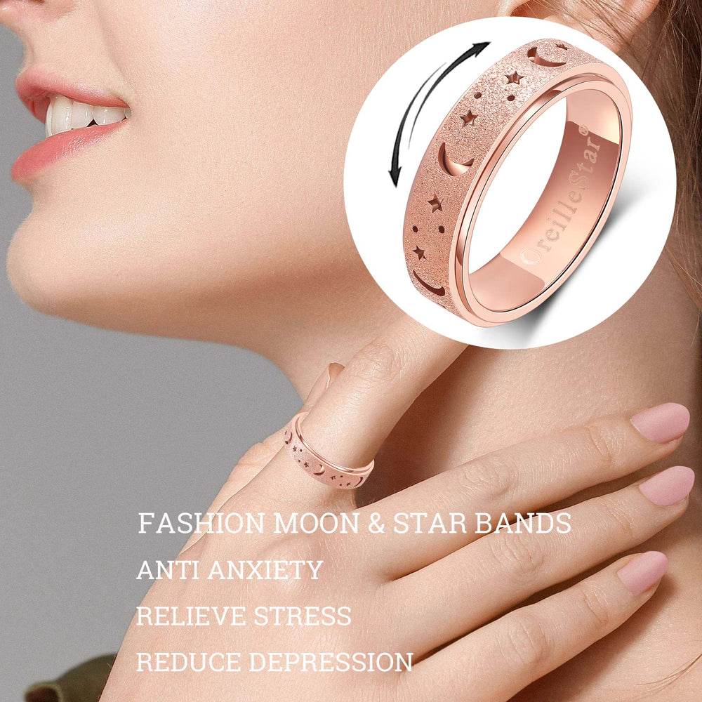 OreilleStar spinner ring rose gold close-up, smooth spin for stress relief.
