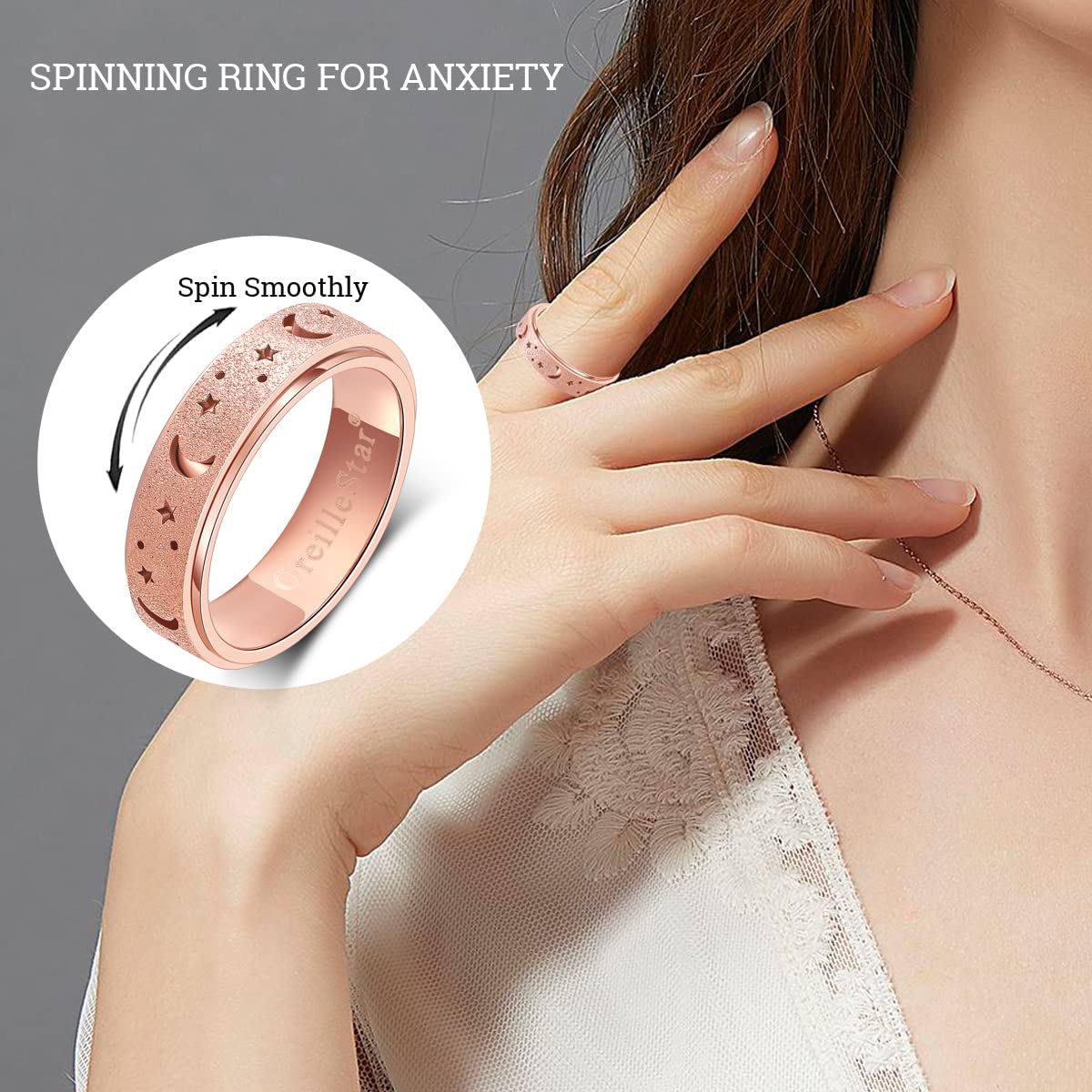 OreilleStar spinner ring silver finish with smooth rotation for calm, distraction-free moments.