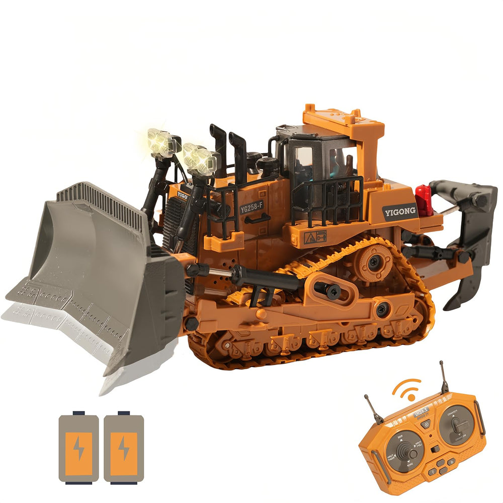 OrgaNatureQueen 9-Channel RC Bulldozer front view with lights for immersive play.