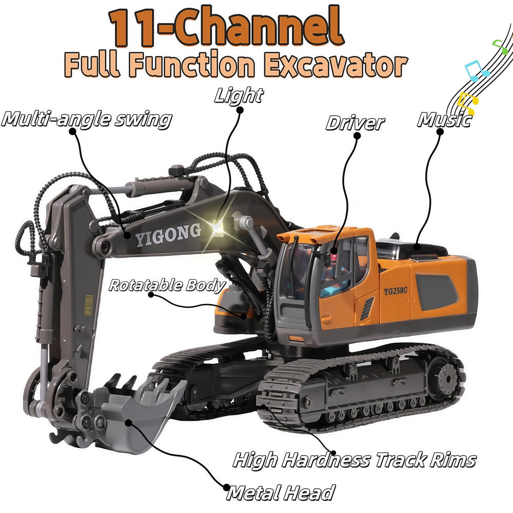 OrgaNatureQueen RC Excavator with sound adds realistic engine effects for indoor play.