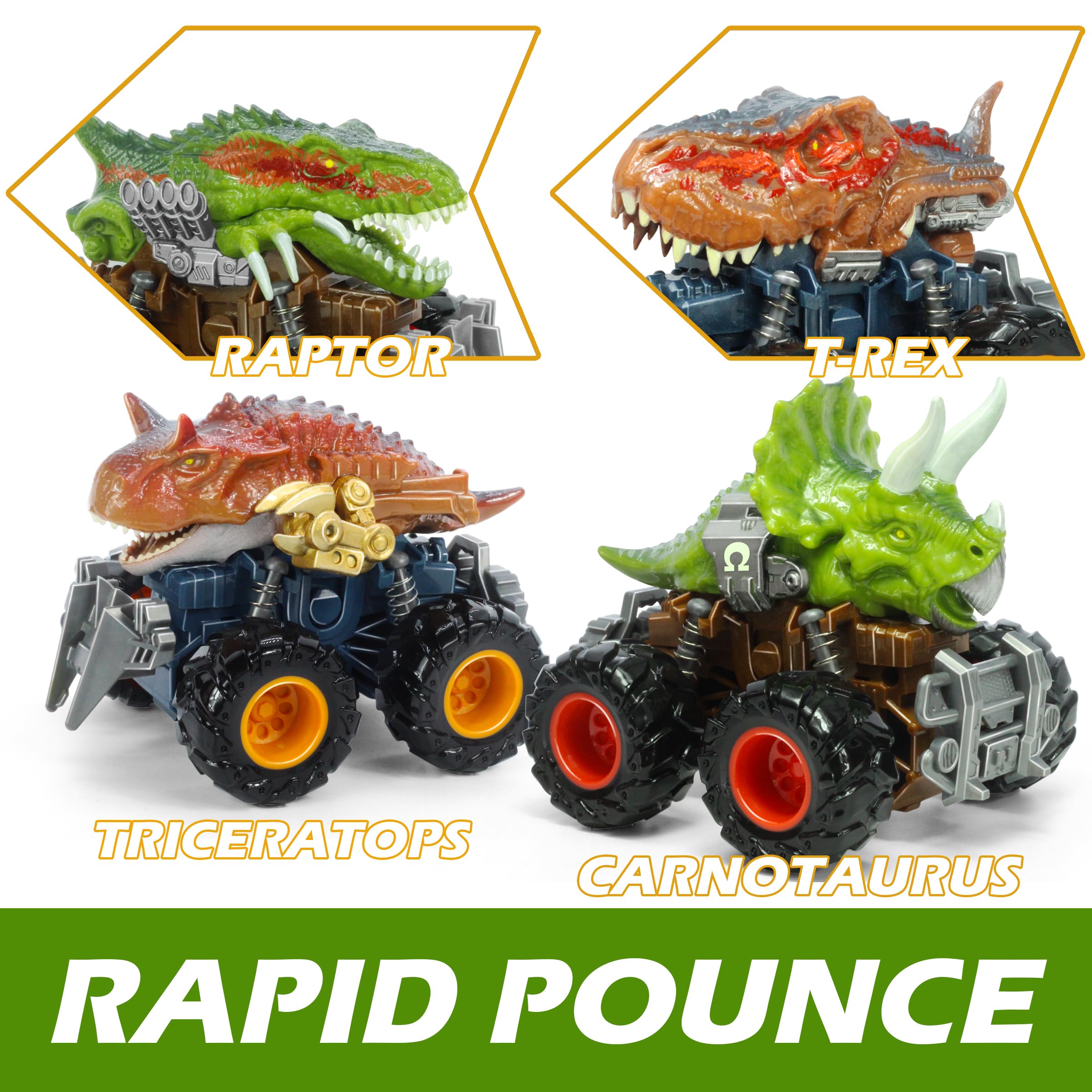 Oriate Carnotaurus dinosaur truck in red sparks energetic dino races.