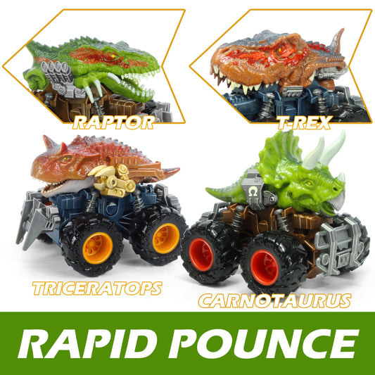 Oriate Carnotaurus dinosaur truck in red sparks energetic dino races.