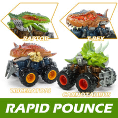 Oriate Carnotaurus dinosaur truck in red sparks energetic dino races.