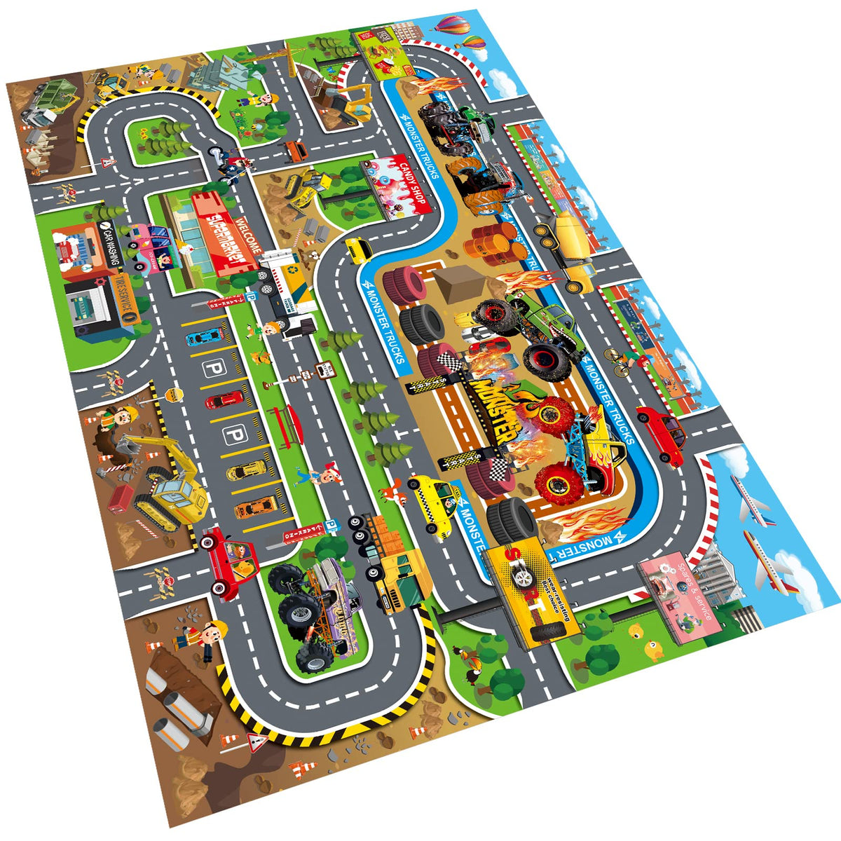 Oriate Monster Truck Play Mat shows vibrant race scenes for imaginative indoor play.