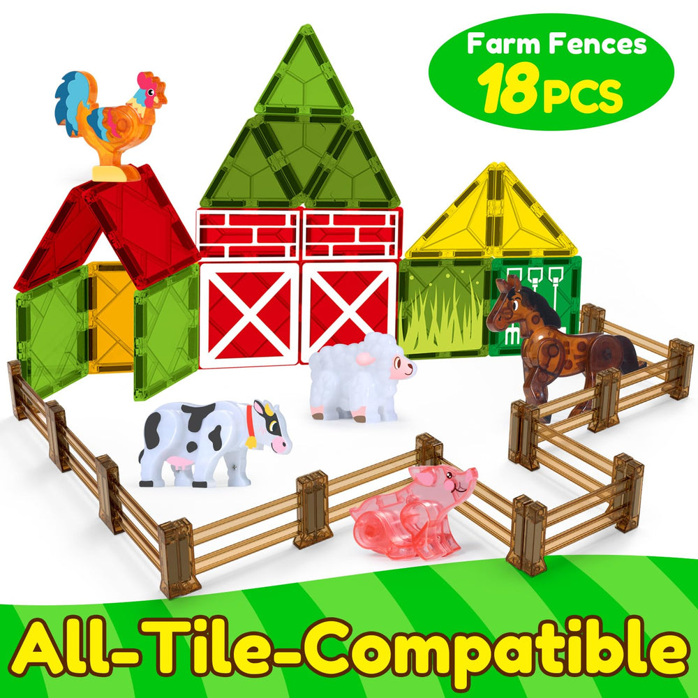 Oriate magnetic tiles fence assembly demonstrates easy connections for imaginative farm, zoo, and dinosaur layouts.