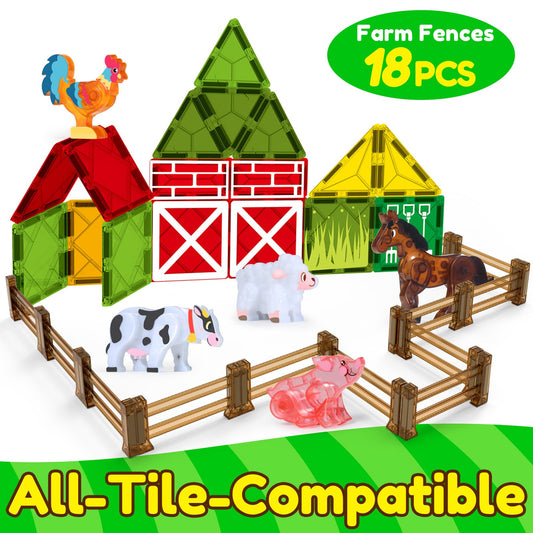 Oriate magnetic tiles fence assembly demonstrates easy connections for imaginative farm, zoo, and dinosaur layouts.