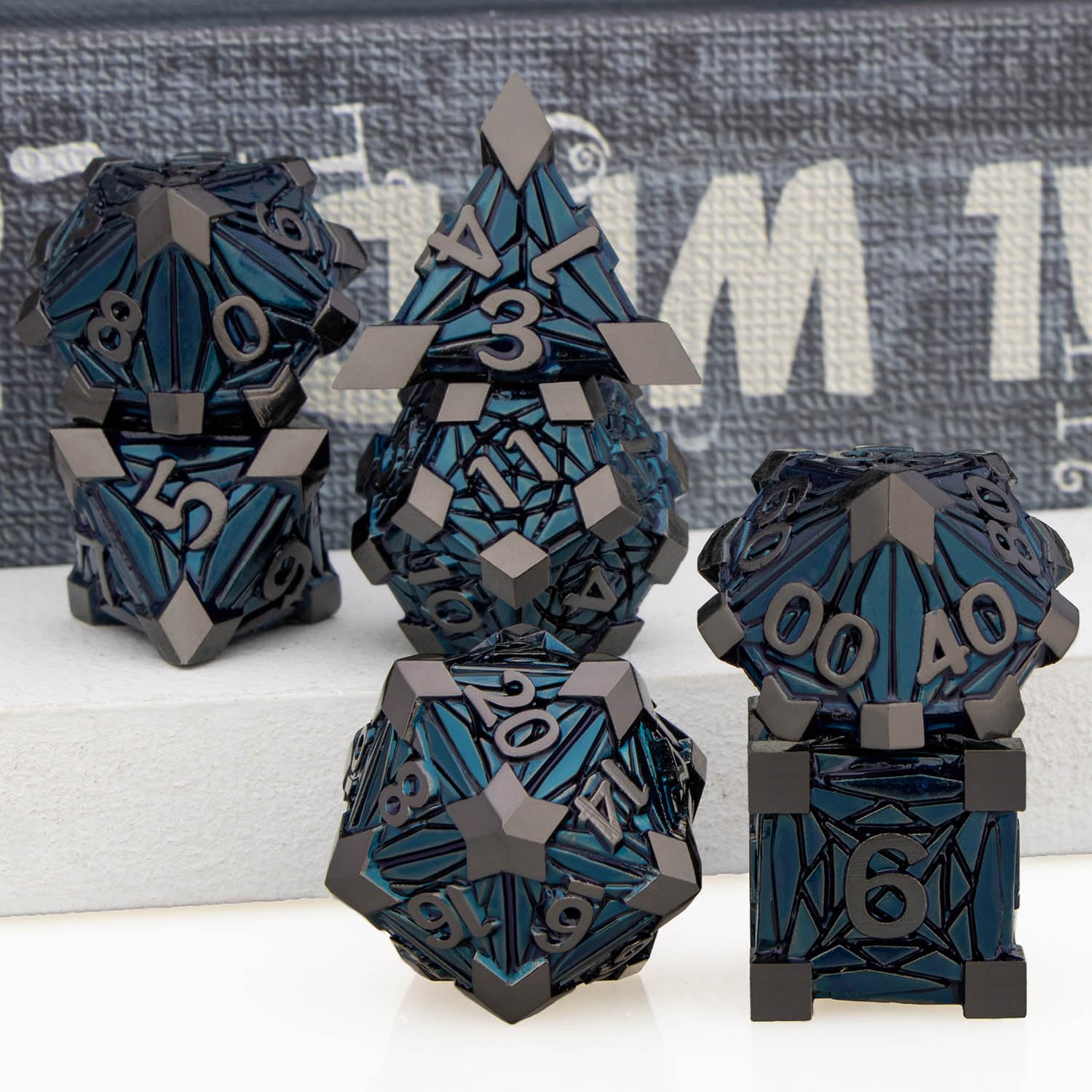 Orifantou DND game setup with polyhedral dice on table