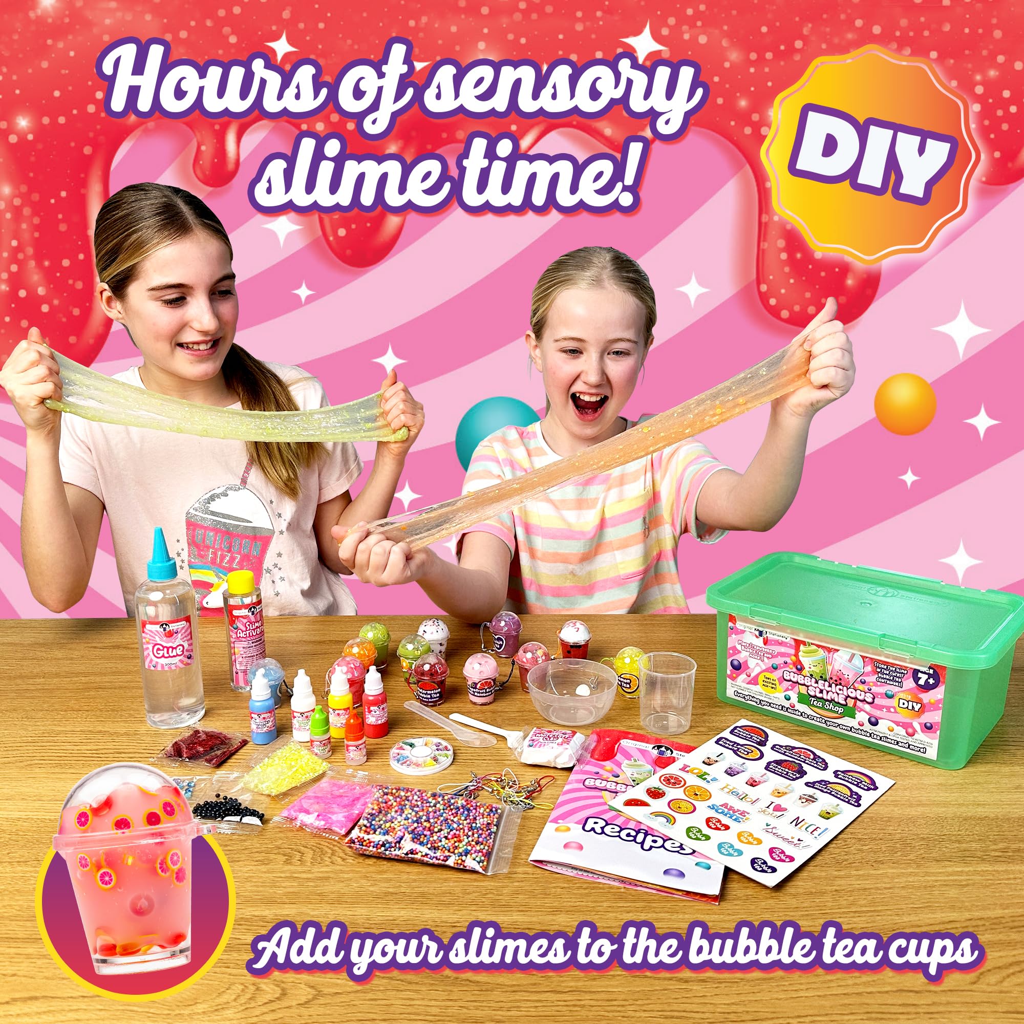 Original Stationery Bubble Tea Slime Kit add-ins highlight scents and textures for sensory exploration.