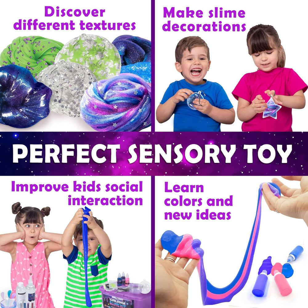 Original Stationery Galaxy Slime Kit glitter slimes shimmer in pink, purple, and blue.
