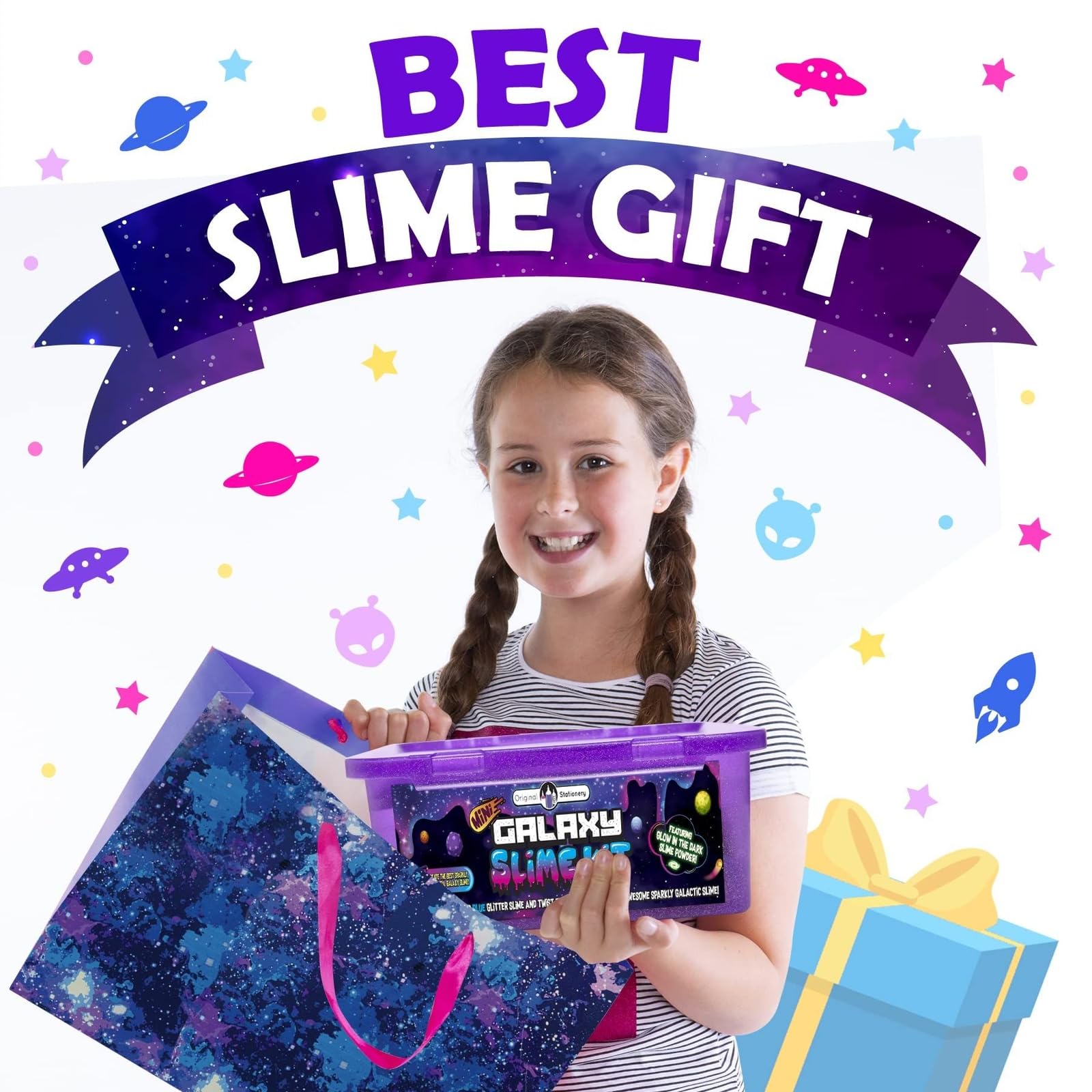 Original Stationery Galaxy Slime Kit tools for mixing, shaping, and storage.