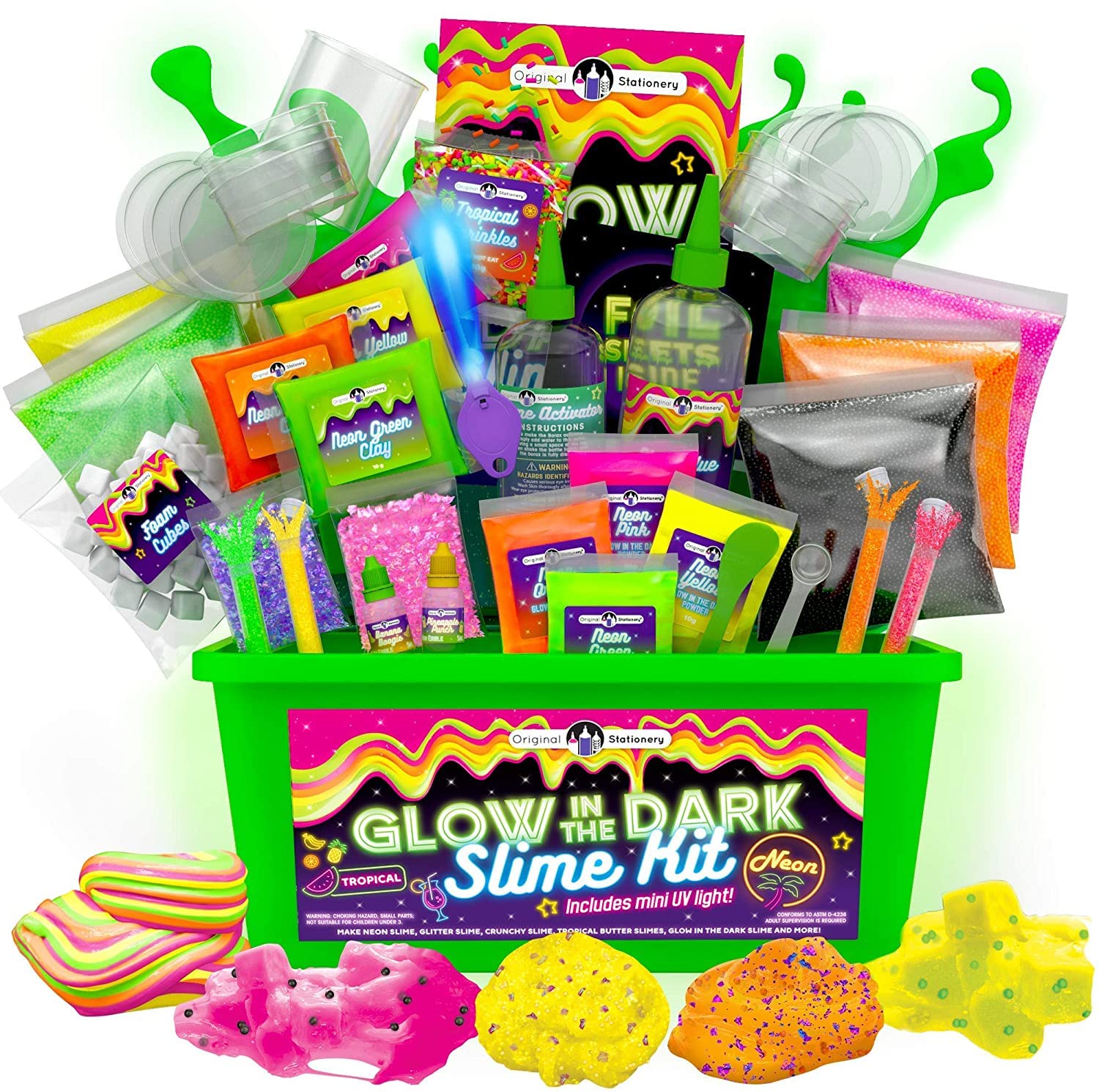 Original Stationery glow in dark slime kit content for imaginative play and science-inspired fun.