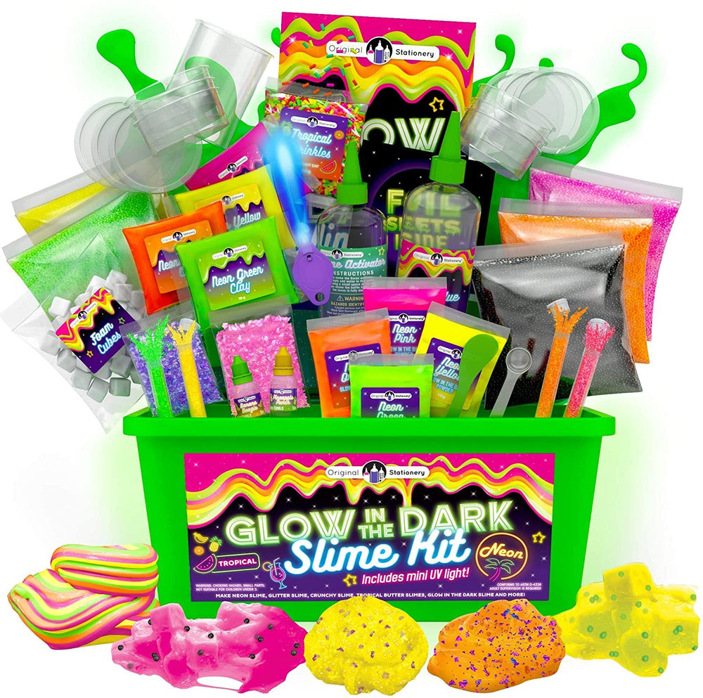 Original Stationery glow in dark slime kit content for imaginative play and science-inspired fun.