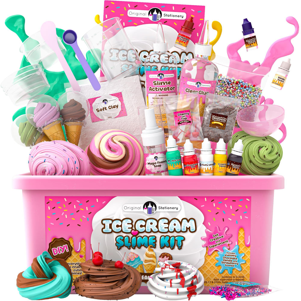 Original Stationery Ice Cream Slime Kit packaging showcases colorful box and tools for gifting.
