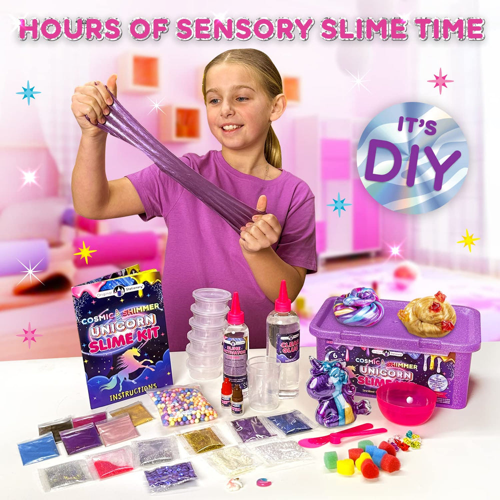 Original Stationery Unicorn Slime Kit pearlescent slime swirls, enhancing sensory play and color-mixing creativity.