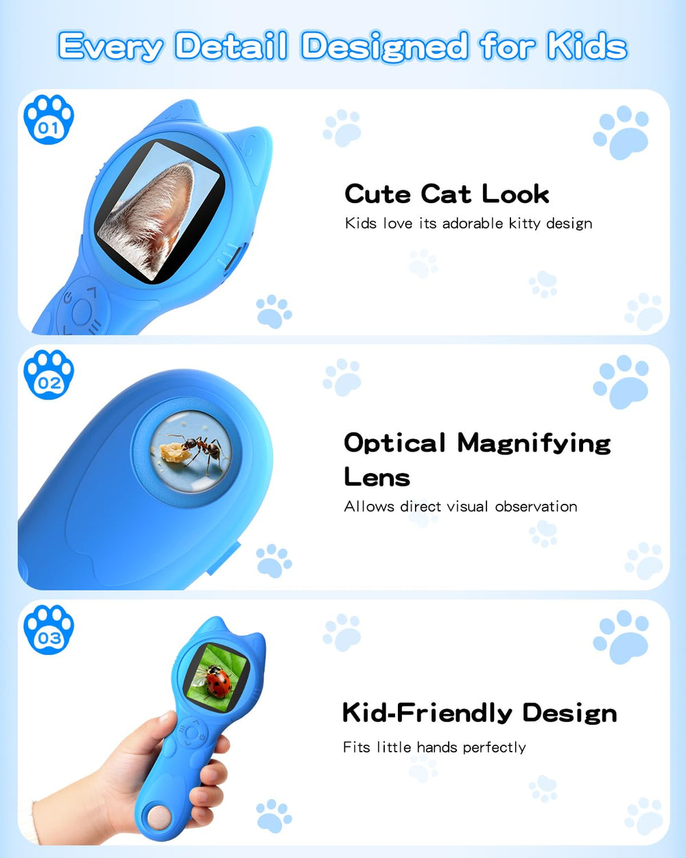 Oripira Kids Microscope blue rechargeable battery supports outdoor use.