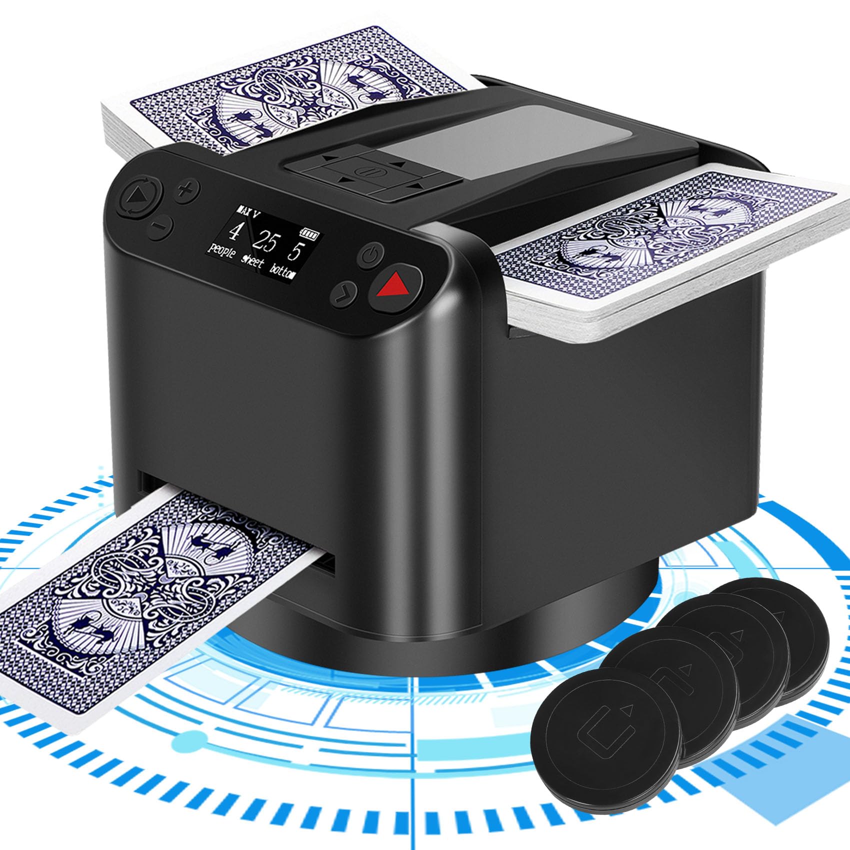 Orsong automatic card shuffler-rotator demonstrates 180/360° rotation for up to 12 players.