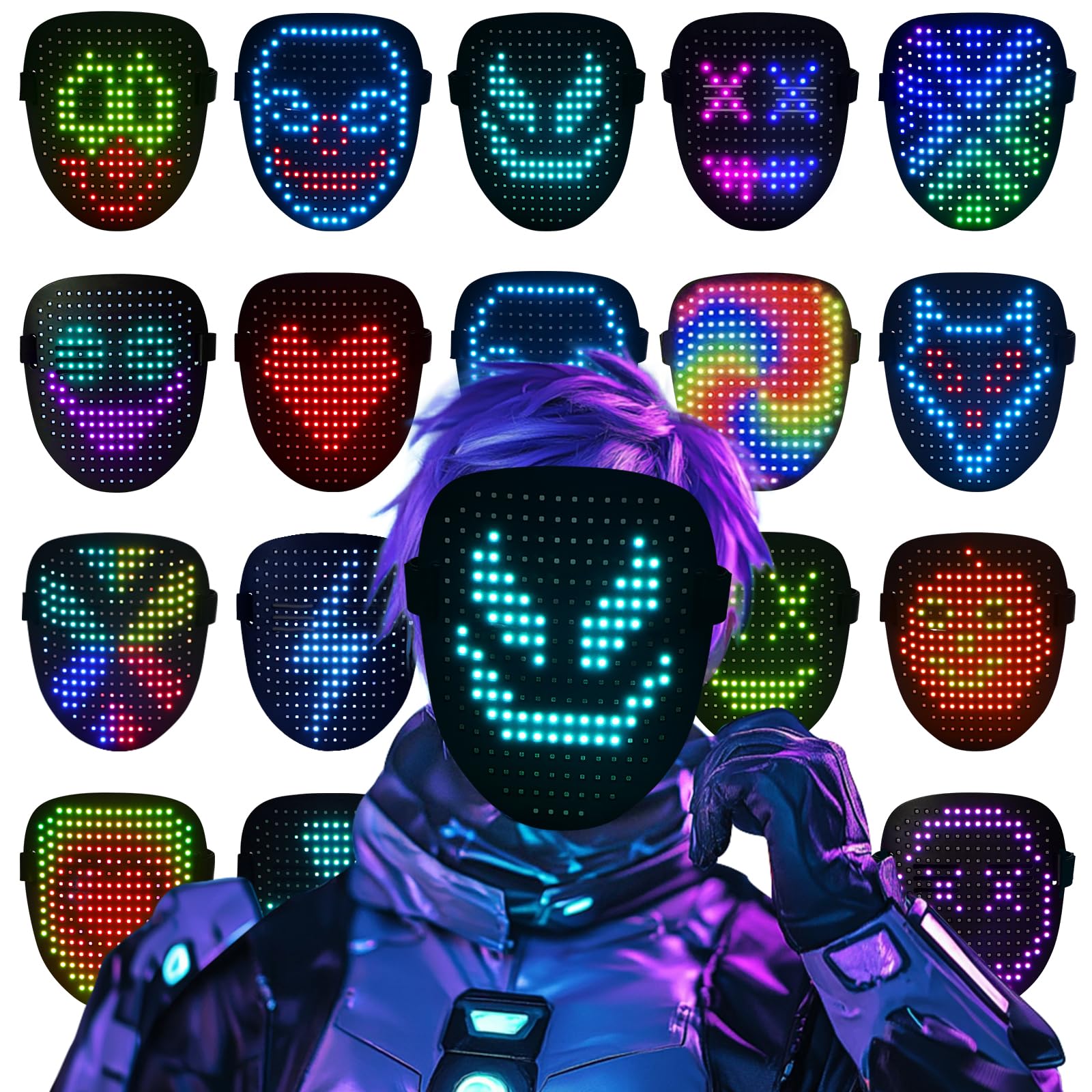 ORWINE LED Mask front view shows vivid glow for cosplay and parties.