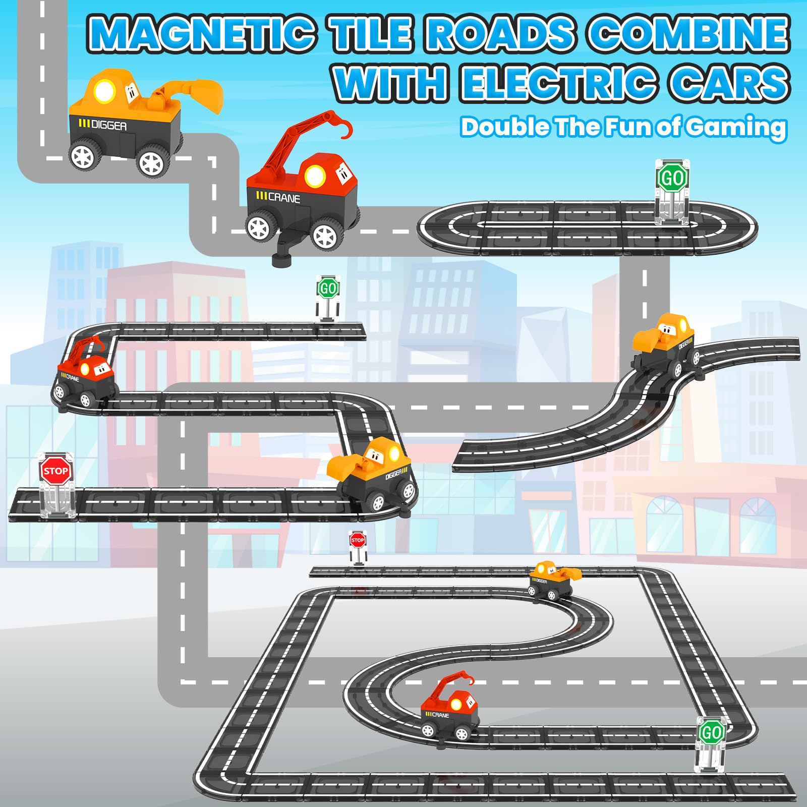 ORZbb road tiles with vehicle base enable realistic road construction play.