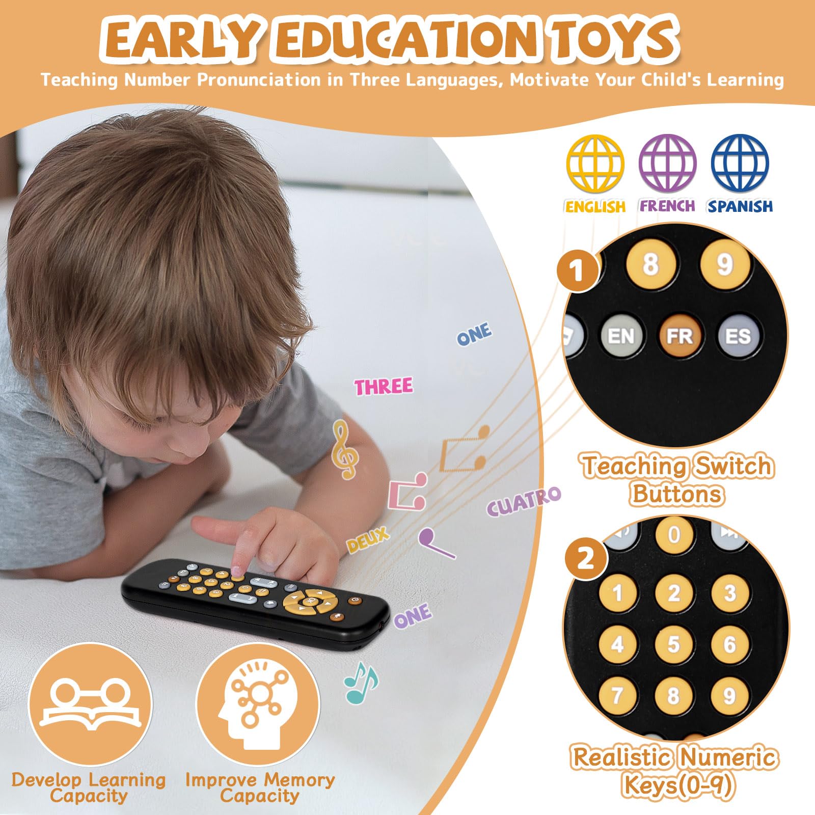 Orzbow remote shows colorful buttons and shapes to stimulate tactile exploration.