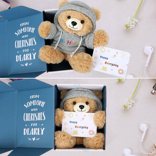 Osacoe teddy bear with removable hoodie for cozy, adjustable warmth.