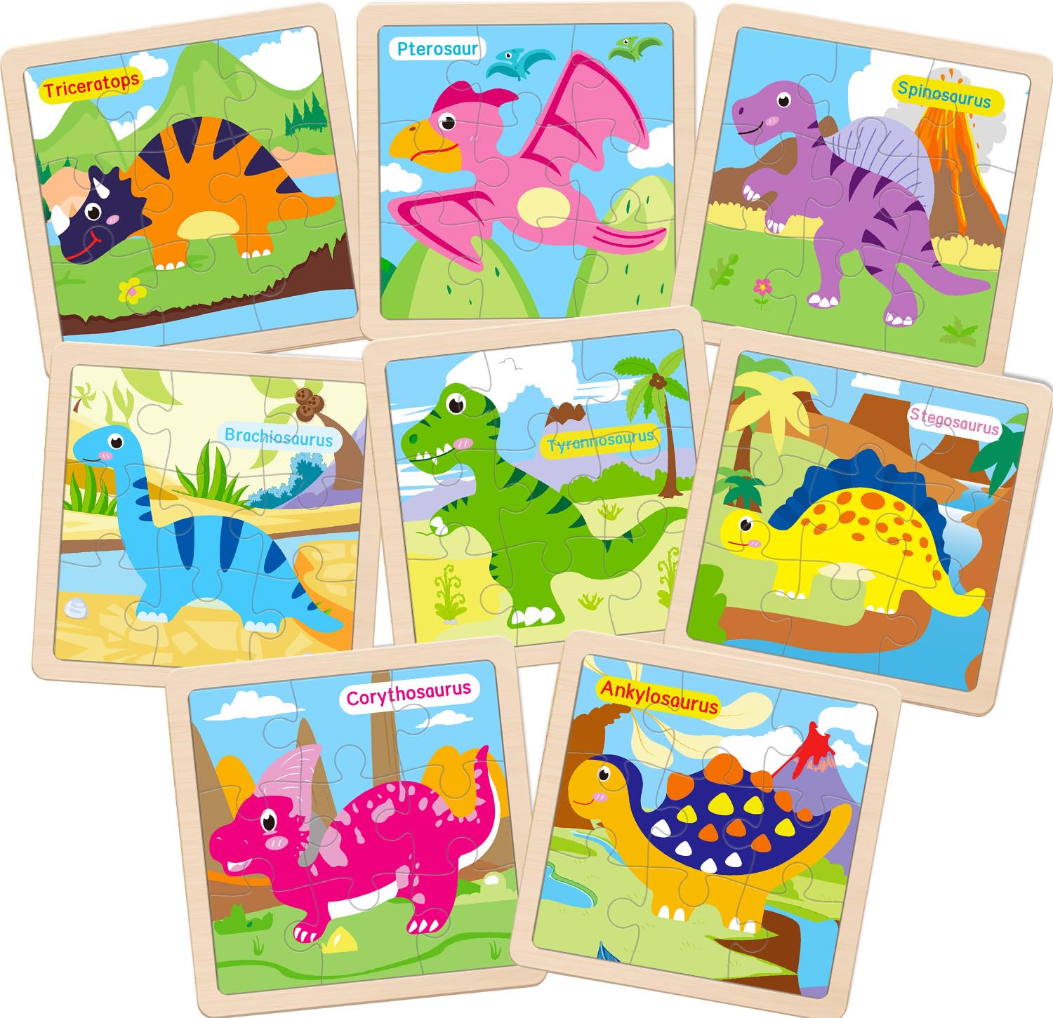 OSBOO wooden dinosaur puzzle overview showing eight dinosaurs for toddlers