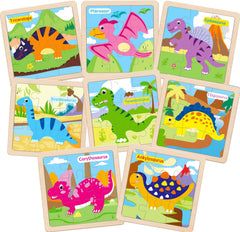 OSBOO wooden dinosaur puzzle overview showing eight dinosaurs for toddlers