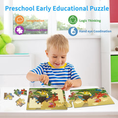OSBOO kid assembling dinosaur puzzle enhances hand-eye coordination and focus.