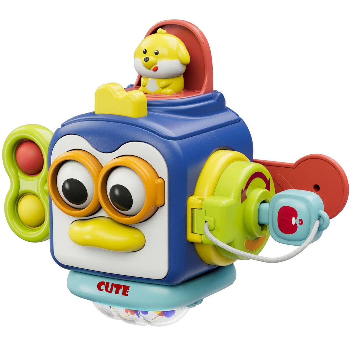 OSIMILY Busy Cube front view highlighting six panels for cognitive play and fine motor skills.
