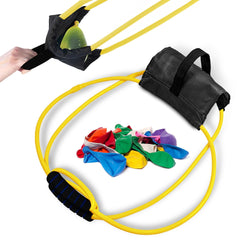 Oskal water-balloon launcher in action with a giant sling-shot for long-range fun