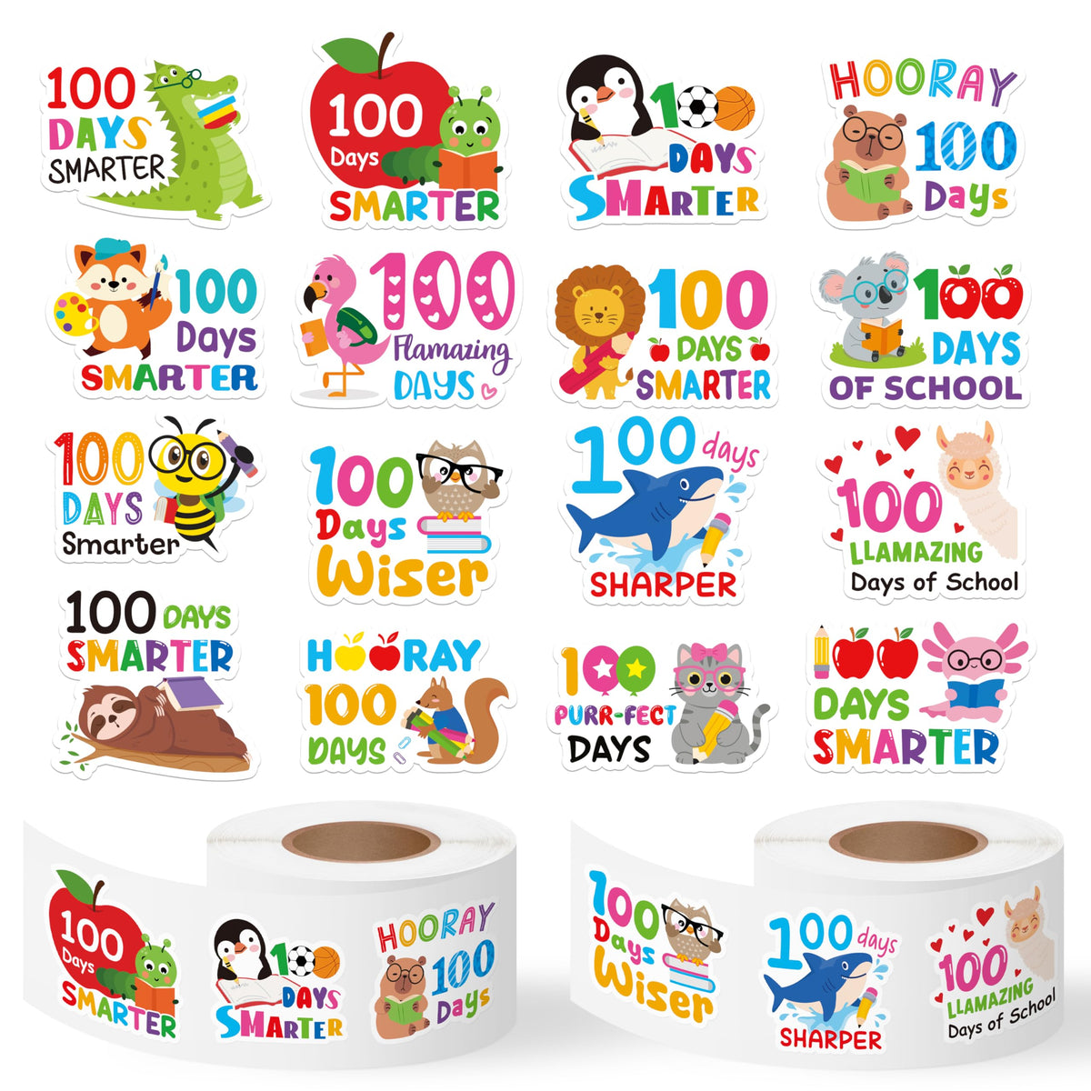 OSNIE 100 Days stickers roll with colorful animals for classroom celebration and motivation.