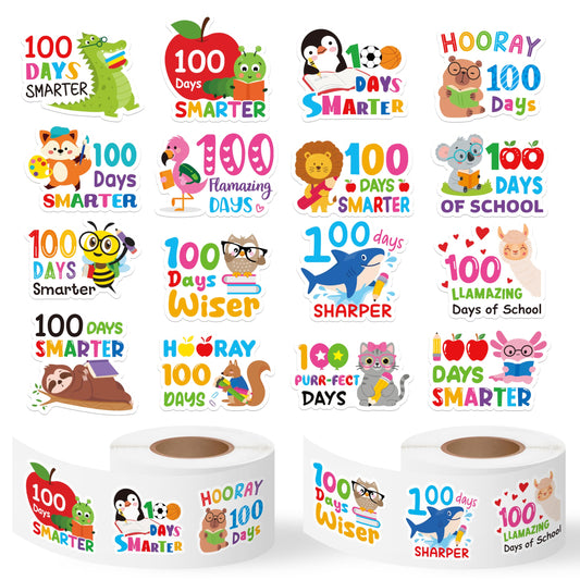 OSNIE 100 Days stickers roll with colorful animals for classroom celebration and motivation.