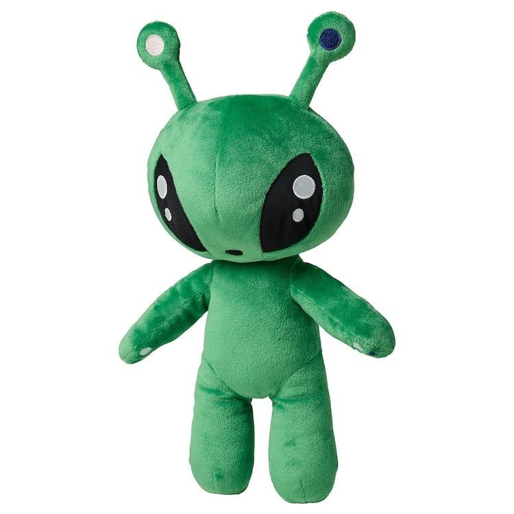 OSOCU 13.5-inch green alien plush with big eyes, ideal for cozy cuddles and decor.