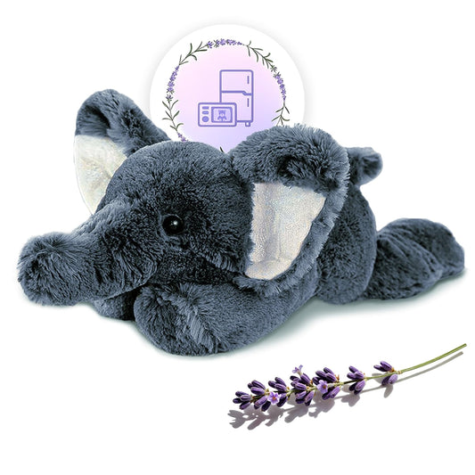 OSOCU grey elephant microwavable weighted plush provides soothing heat at home.