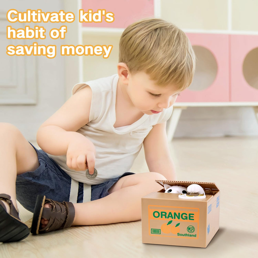 OSPNIEEK Piggy Bank Cat coin take action shows coin being taken.