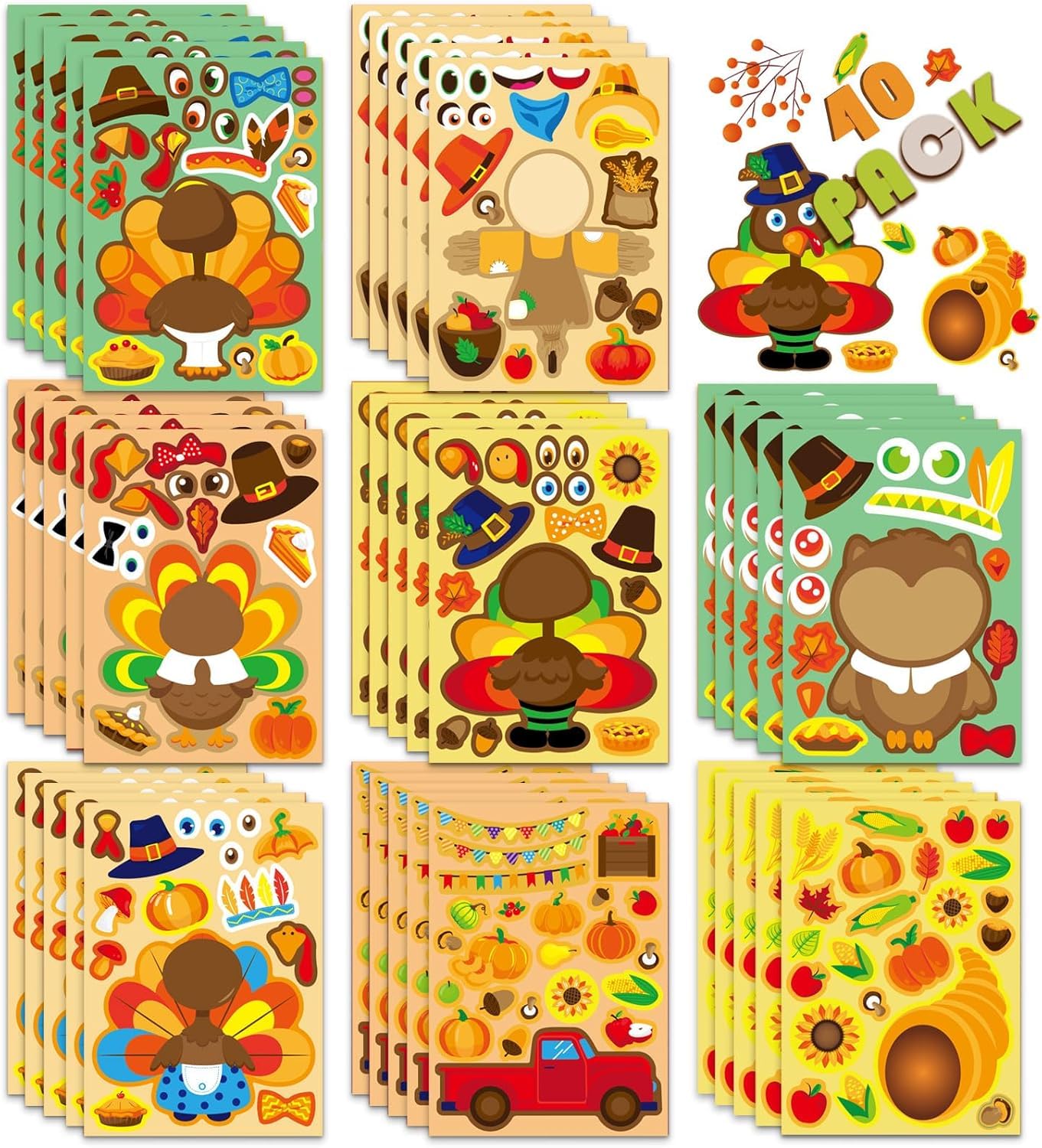 OTAITY turkey stickers 40 sheets show varied face expressions for kids' crafts.