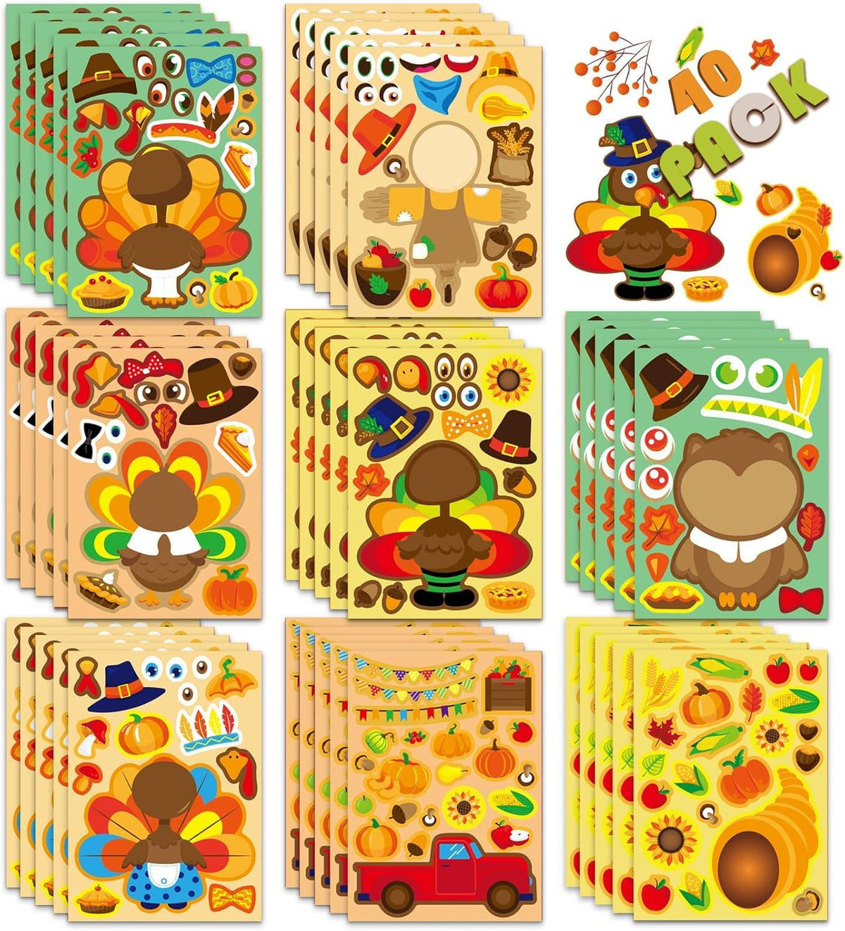 OTAITY turkey stickers 40 sheets show varied face expressions for kids' crafts.