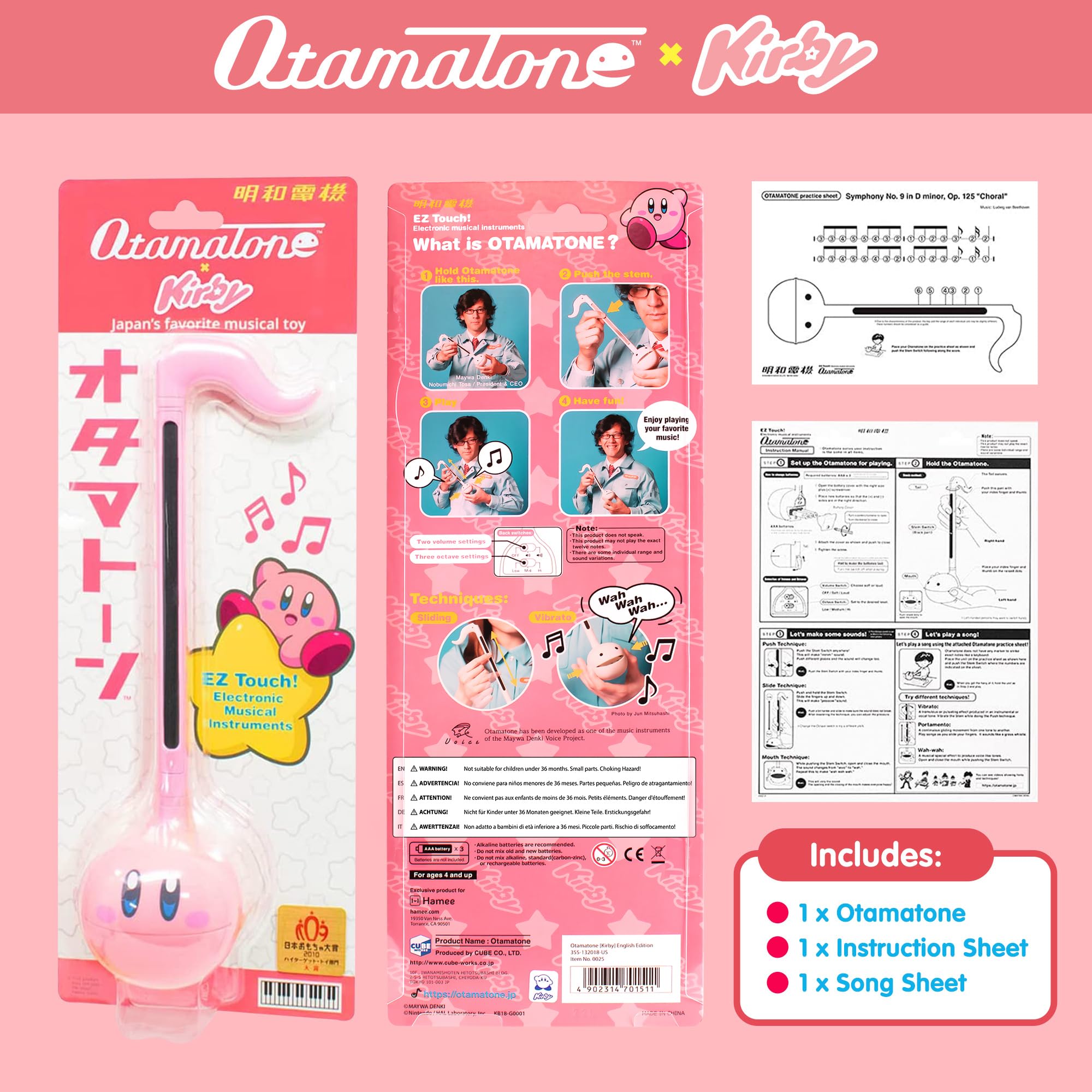Close-up of Otamatone Kirby Pink Star Hero face invites expressive sound exploration.