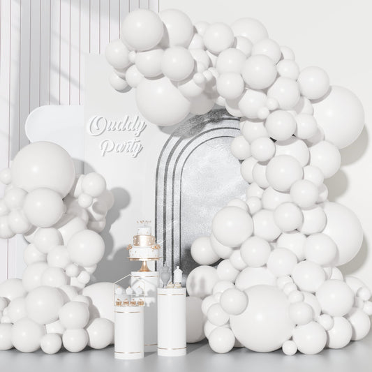 Ouddy Party 129Pcs white balloons in multiple sizes for versatile event decor.