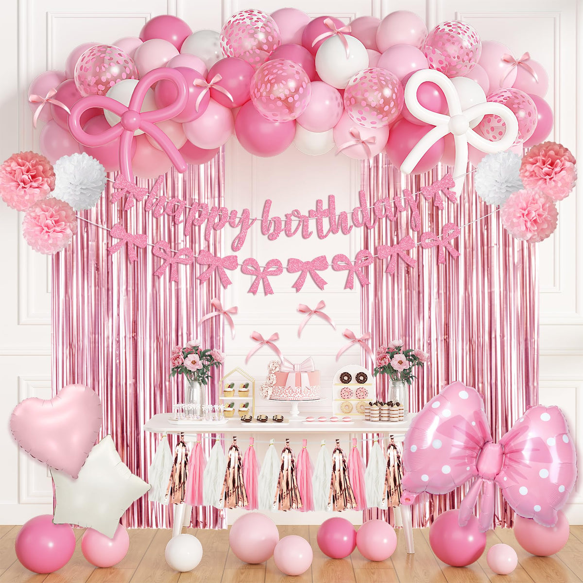 Ouddy Party pink bow banner adds festive pink and white cohesion to the celebration