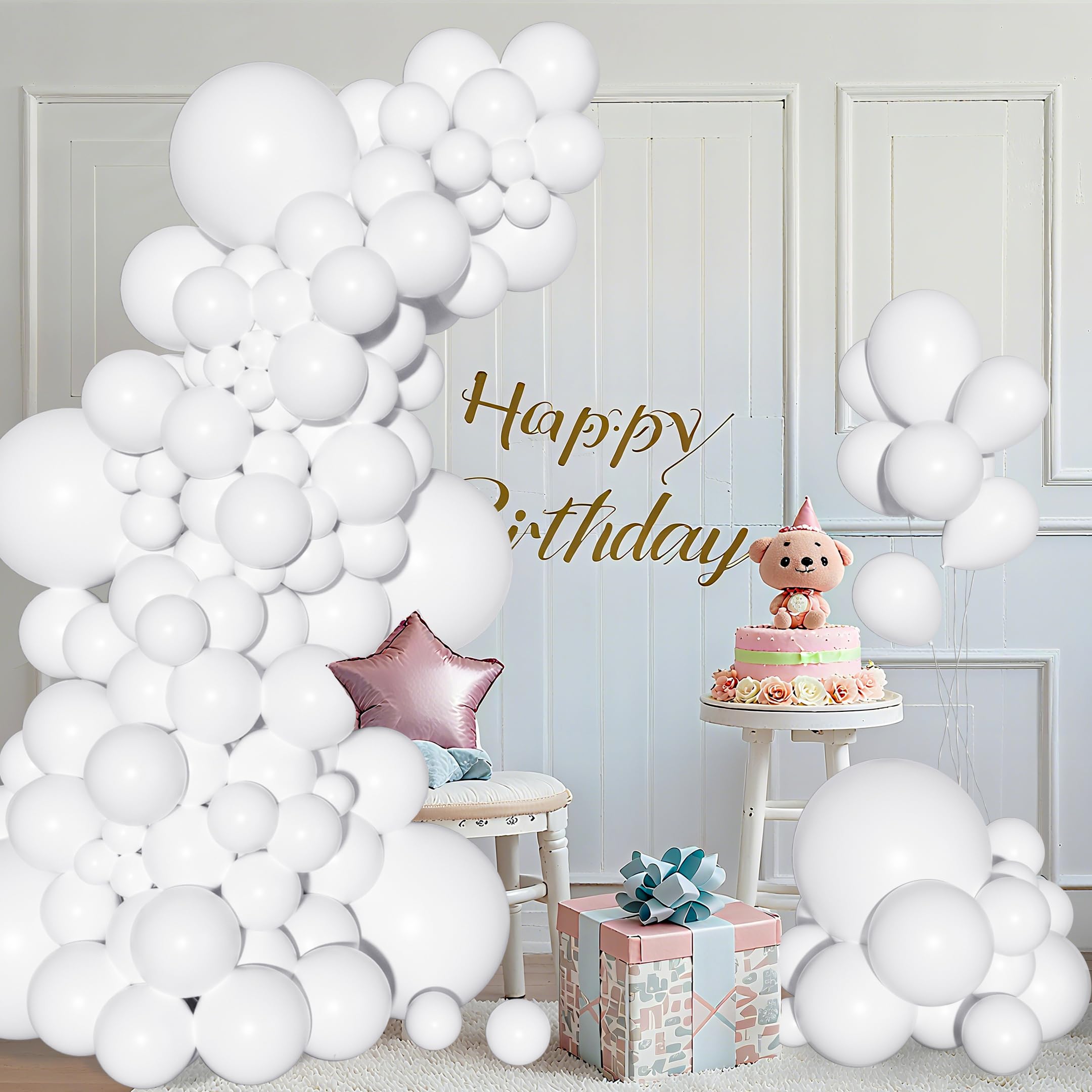 Ouddy Party white balloons suitable for weddings and anniversaries with stylish backdrop effects.