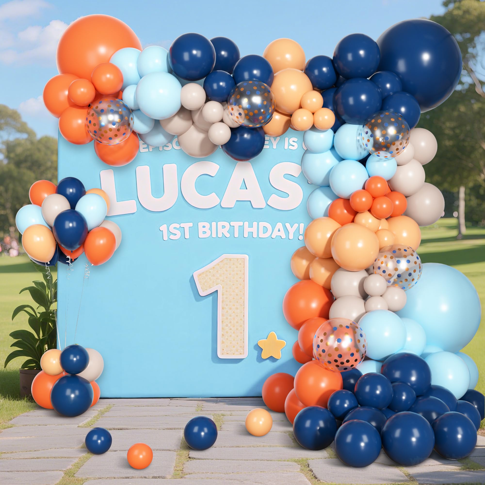 Ouddy Party 10-inch matte balloons in navy blue, light blue, and orange